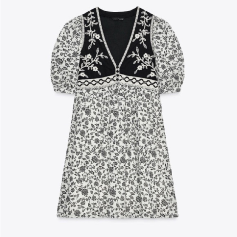 Zara Black and White Floral Contrast Puff-Sleeve Dress